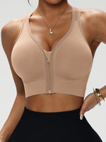 Women's Zip Front Solid Color Sports Bra, Crisscross Back Wireless Bra, Removable Padded Comfort Everyday Workout Bra