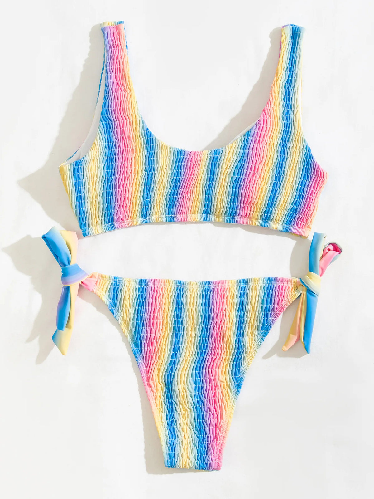 2026 New Sexy Bikini Women Rainbow Stripe Pleated Swimwear Swimsuit Knotted Bikinis Set Bathing Suit Beach Bikini Female Push Up