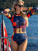 Vintage SPF Long Sleeve Sunscreen One Piece Swimsuit Skirt Sets 2026 Women Front Zipper Holiday Slimming Bathing Suit Swimwear
