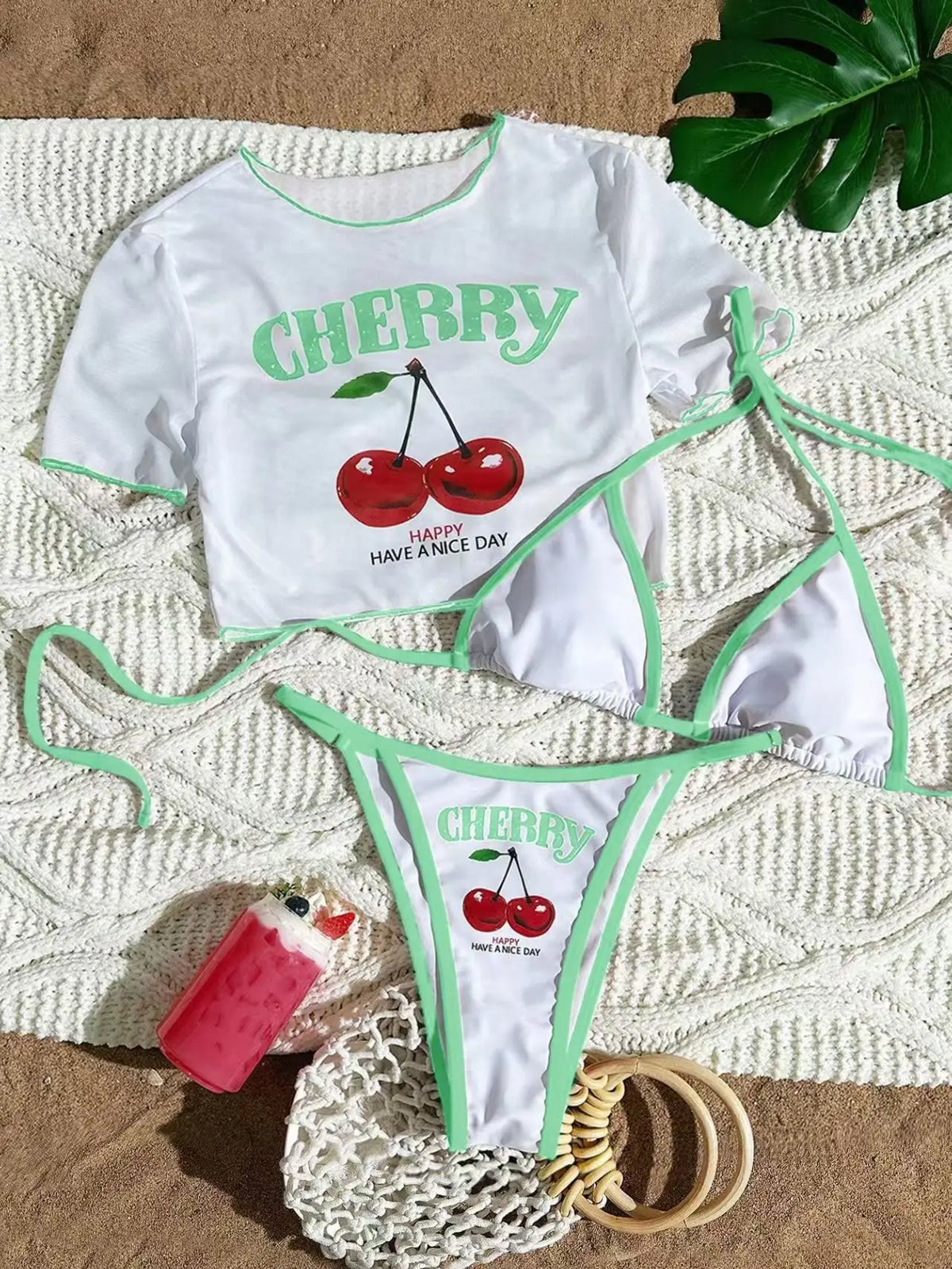 XS - L Cherry Printed Short Sleeve Bikini Female Swimsuit Women Swimwear Three-pieces Bikini set Bather Bathing Suit Swim V6854