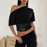FDYOUI Sexy Chic Diagonal Collar Lace Patchwork T-shirts 2026 Women Short Sleeve Irregular Cropped T Shirt Lady Tunics Tops Tees