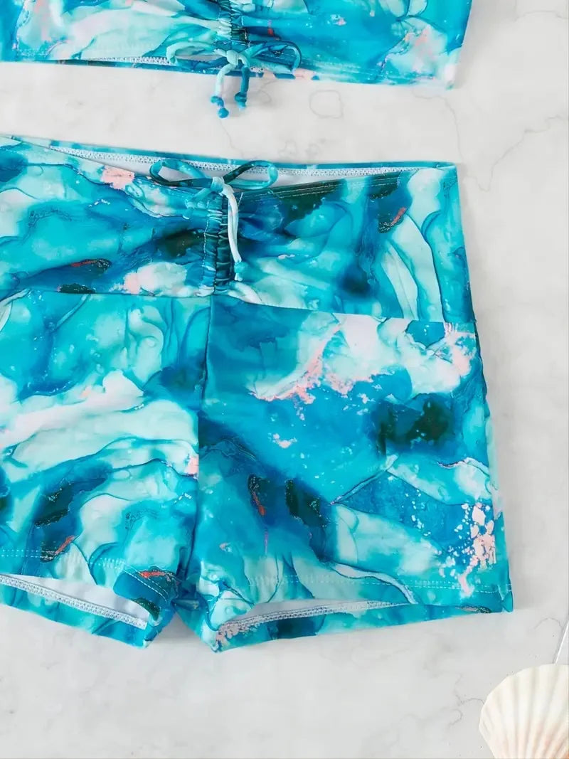 2024 Separate Swimsuit Tie Dye Print Bikini Bathing Suit Women Tankini Set Drawstring Two-Piece Suits Shorts Swimwear Female