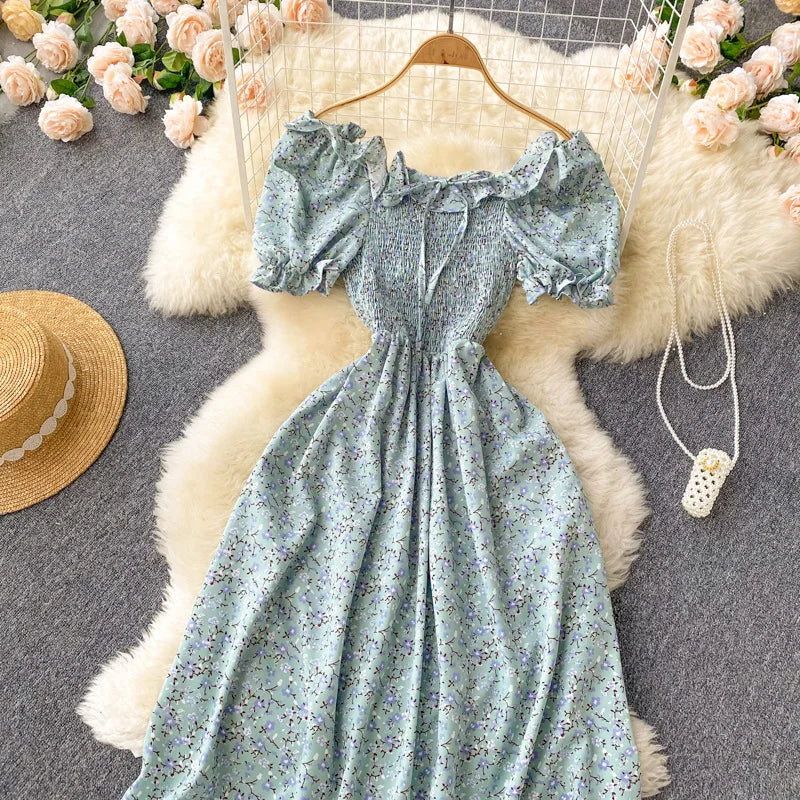 2025 Summer French Vintage Floral Dress Fashion Elegant High-Waisted Drawstring Vestidos Printed Fresh And Sweet Long Dresses