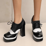 Bright Patent Leather Patchwork White PU Lace Up High Heels with Breathable Lining, Wavy and Serrated Patterns, Sweet Pumps