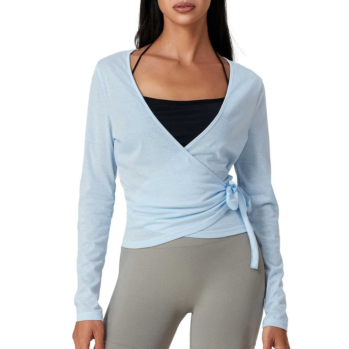 Women’s Spring Summer Cross Wrap Tie Tops Long Sleeve Deep V Neck Solid ColorWorkout Slim Fit Basic T-Shirts