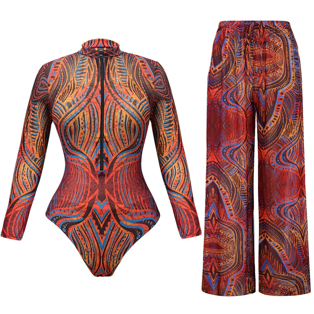 XS - XXL Printed Long Sleeve With Pants Women Swimwear One Piece Swimsuit Female Zipper Padded Bather Bathing Suit Swim V7094