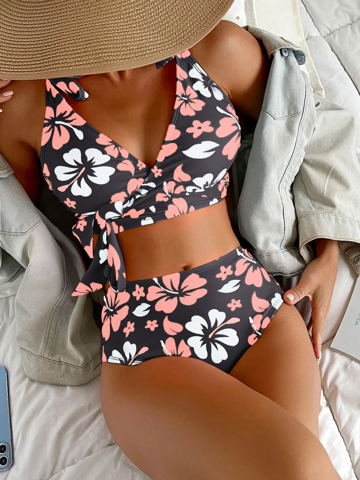 Sexy Black Floral Print Bikini Set 2026 Women V Neck Cross Push Up Bra High Waist Swimsuit Beach Bathing Suit Holiday Swimwear