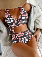 Sexy Black Floral Print Bikini Set 2026 Women V Neck Cross Push Up Bra High Waist Swimsuit Beach Bathing Suit Holiday Swimwear