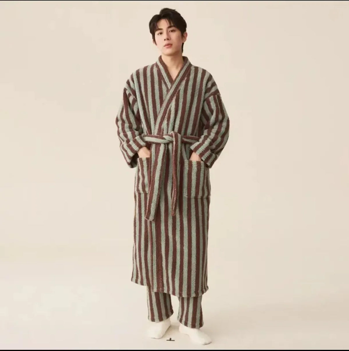 Thickened Flannel Robe Pants Pajamas Set Autumn Winter New Couple Coral Velvet Women Men Bathrobe Striped Lengthed Home Clothes