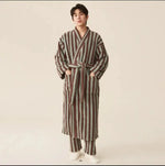Thickened Flannel Robe Pants Pajamas Set Autumn Winter New Couple Coral Velvet Women Men Bathrobe Striped Lengthed Home Clothes