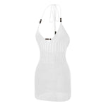 Women Backless Halter Mini Dress Casual Summer Knit Crochet Cutout Bodycon Party Dress for Beach Club Streetwear