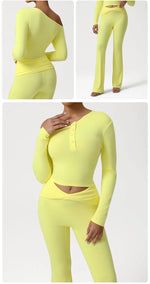 2 Pieces Women's Seamless Yoga Set Long-sleeved Shirt Flared-pants Tracksuit Running Fitness Sports Set Slim-fit High Waist Suit