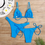 Sexy 3 Piece Bikini Set Women Solid Blue Purple Push Up Bandage Triangle Swimsuit Brazilian Beach Bathing Suit Swumwear Biquini