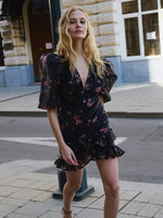 FDYOUI Elegant V-neck Floral Printed Short Dress High Street Women's Puff Sleeve High Waist Tunics Ruched Vacation Party Dresses