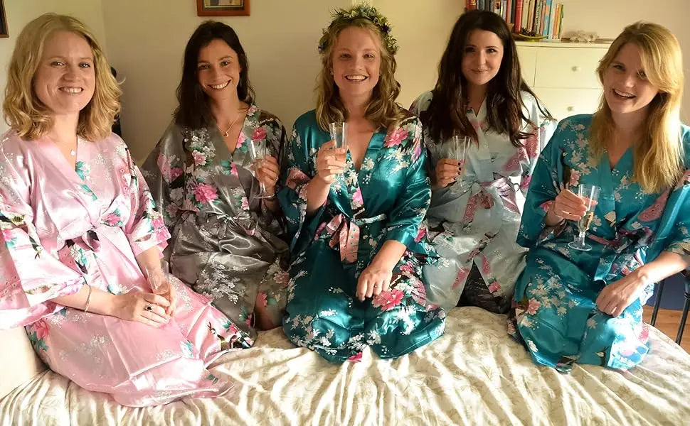 Lace Up Woman Peacock Print Japanese Kimono Yukata Silk Satin Short Style Sleepwear Home Nightgown Bath Robe Costume
