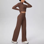 2 Pcs Women's Seamless Yoga Set Long-sleeved Wide-leg Pants Tracksuit Fitness Sports Set High-waisted Hip-lifting Slim-fit Suit