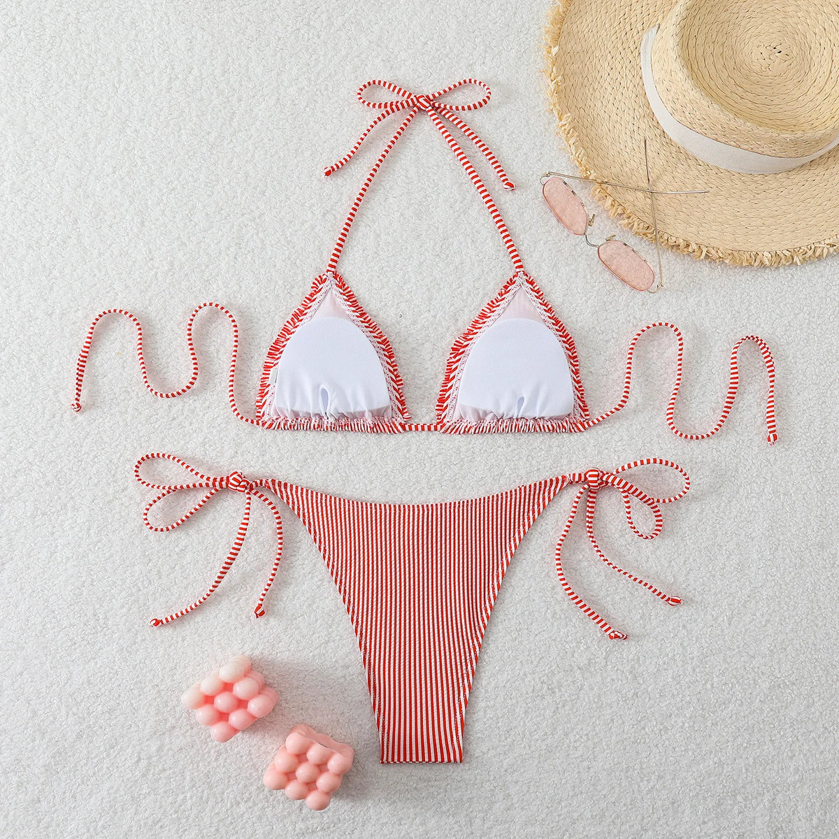 New Sexy Blue Striped String Bikinis Two Pieces Swimsuit Women Swimwear Halter Beach Wear Swim Bathing Suits Frill Bikini Set