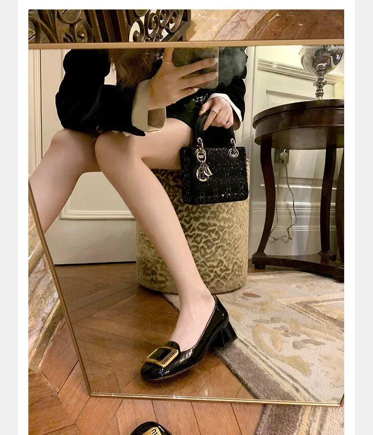 Women Pumps Fashion Square Heel Sexy High Heels Wedding Shoes Ladies Round Toe Metal Buckle Party Chunky Shoes Zapatillas Mujer