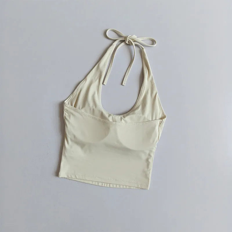 Women's Halter Neck Sports Bra Vest Slimming Tube Top for Yoga Gym Running Beautiful Back Sling Design One Cup Gathered Summer F