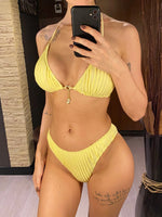 Wrinkled Halter Bikini Women Swimwear Female Swimsuit Two-Pieces Bikini Set Brazilian High Cut Bather Bathing Suit Swim V6209