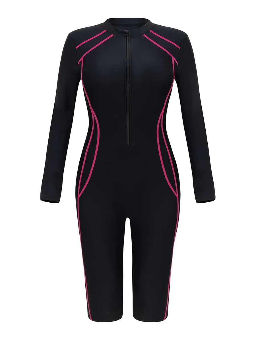 2026 Zipper Slim One Piece Swimsuit Women Long Sleeve & Knee Swimwear Female Bather Bathing Swimming Swim Surf Suit Beachwear
