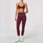 New Yoga Suit Women Color Blocked V-neck I Shape Sports Bra Fitness Clothes Summer Tight Running High Waist Leggings Tracksuit