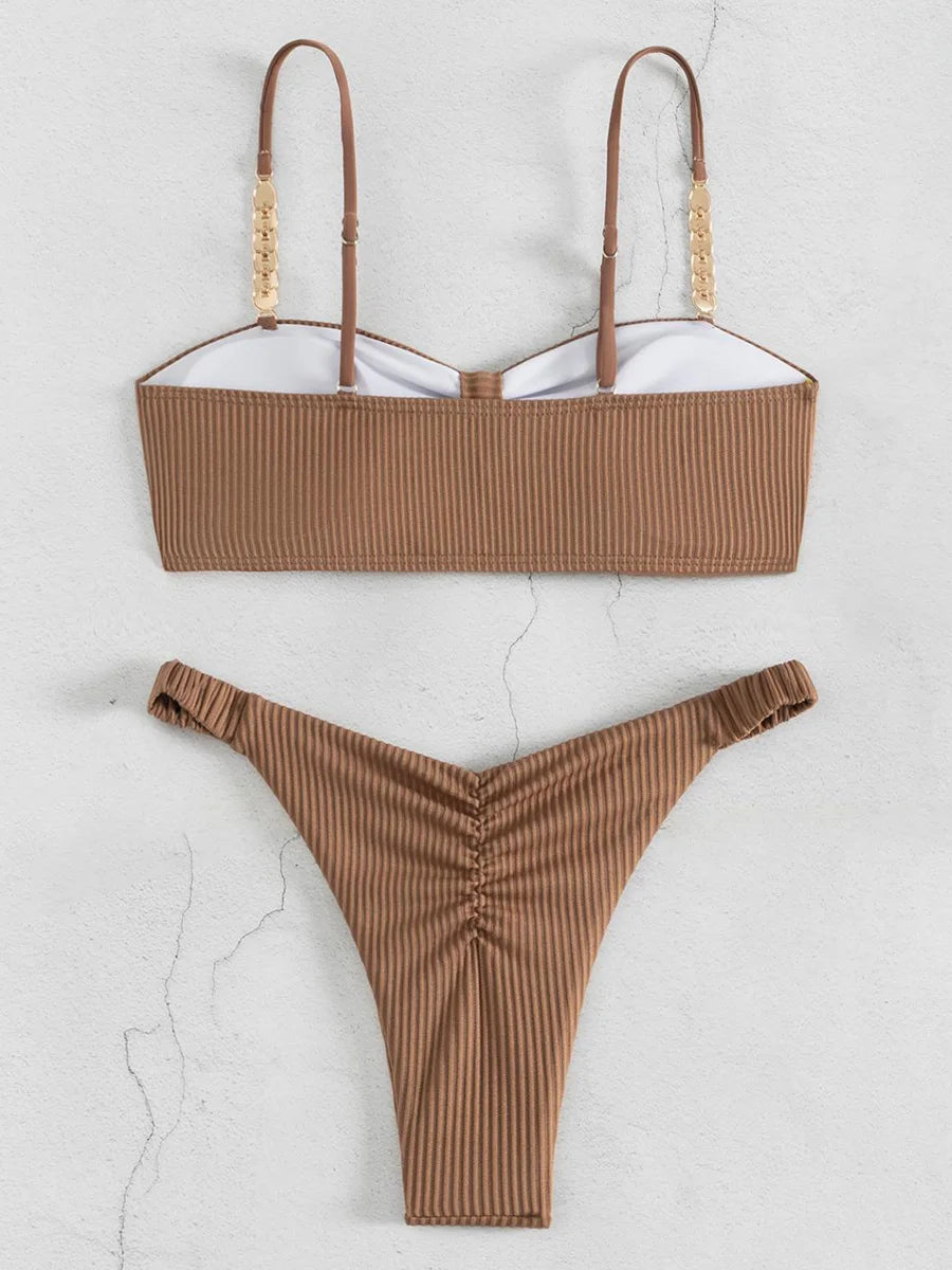 Front Knotted Metal Strap Ribbed Bikini Women Swimwear Female Swimsuit Two Pieces Bikini Set High Cut Bathing Suit Swim Beach