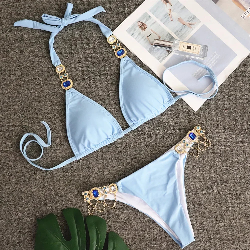 Luxury Rhinestone Bikini Women 2025 Sexy Orange Yellow Crystal Diamond Push Up Thong Swimsuit Beach Bathing Suit Tanga Swimwear