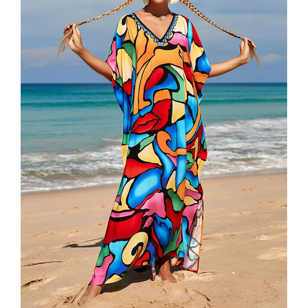 2026 New Colorful Kaftan Tunic Beach Dress Beach Wear Beachwear Beach Cover Up Cover-upsLoose Maxi Dress Female Women V4428