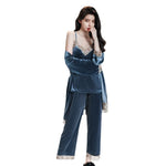 Women's Autumn Winter Golden Velvet Pajamas Set - Sexy Lace Suspender 3-Piece Loungewear with Breast Pads