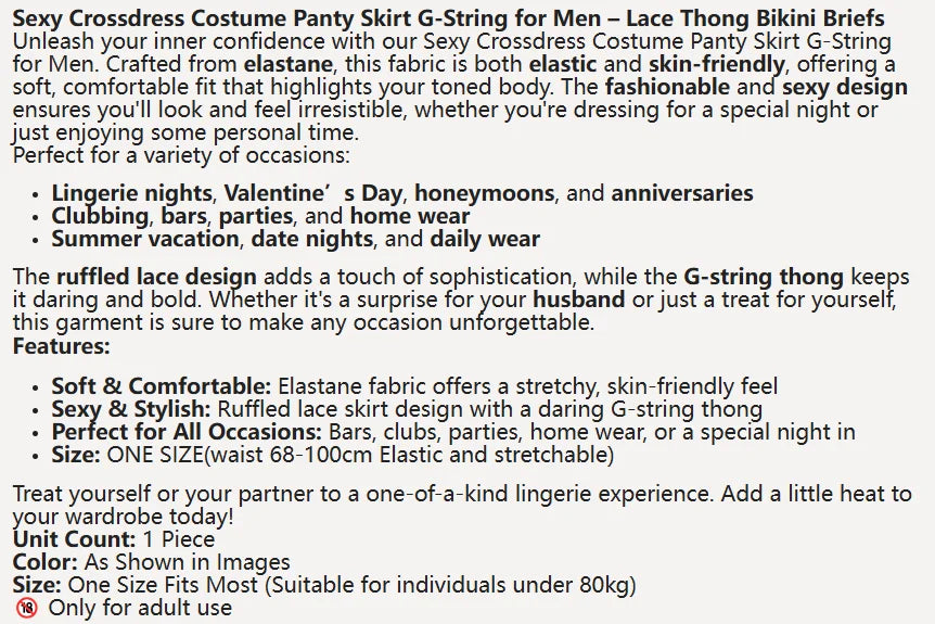 Sexy Crossdress Costume Panty Skirt G-String Thong for Men, Lace Gay Underwear, Mini Bikini Briefs, Ruffled Lace Lingerie