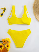 2026 Summer New Women's 2 Piece Swimsuit Solid Color High Waist Bikini Set V-neck Backless Beach Vacation Bathing Suit Swimwear