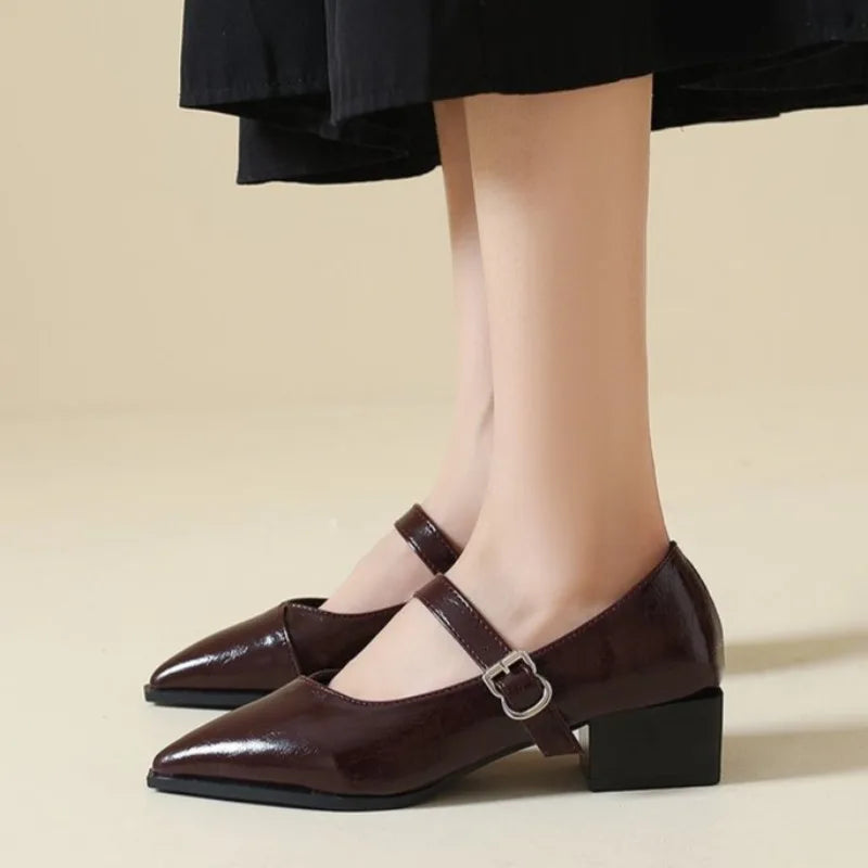Mid-length Single Shoes Spring and Summer New Fashion Belt Buckle Pointed Toe Comfortable Shallow Toe Leather Shoes