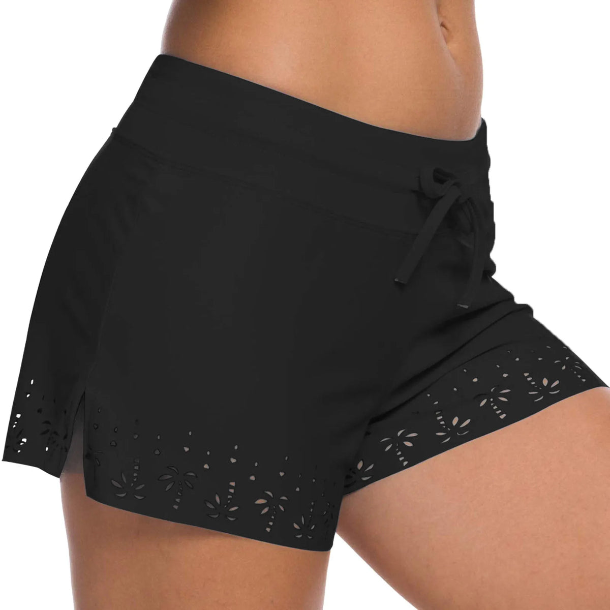 Women Swimming Shorts Solid High Waist Elastic Swim Bottom Flower Hollow Out Swim Trunk Loose Fit Swimming Workout Gym Bottom