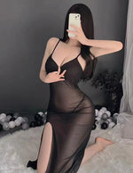 Women Sheer Mesh Lingerie Dress, Black High Slit Nightdress with G-String, Spaghetti Strap Backless Babydoll Sleepwear