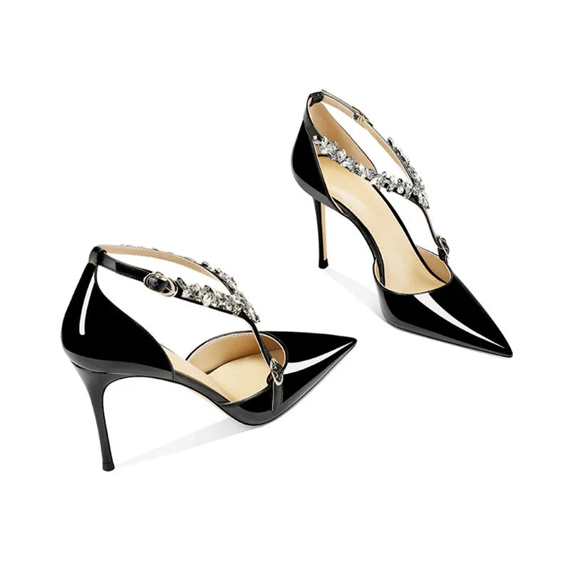 Rhinestone High Heels 2025 Summer Versatile Pointed Heel One-word Buckle Bag Head Sandals Women Black Strap High Heel Sandals 45