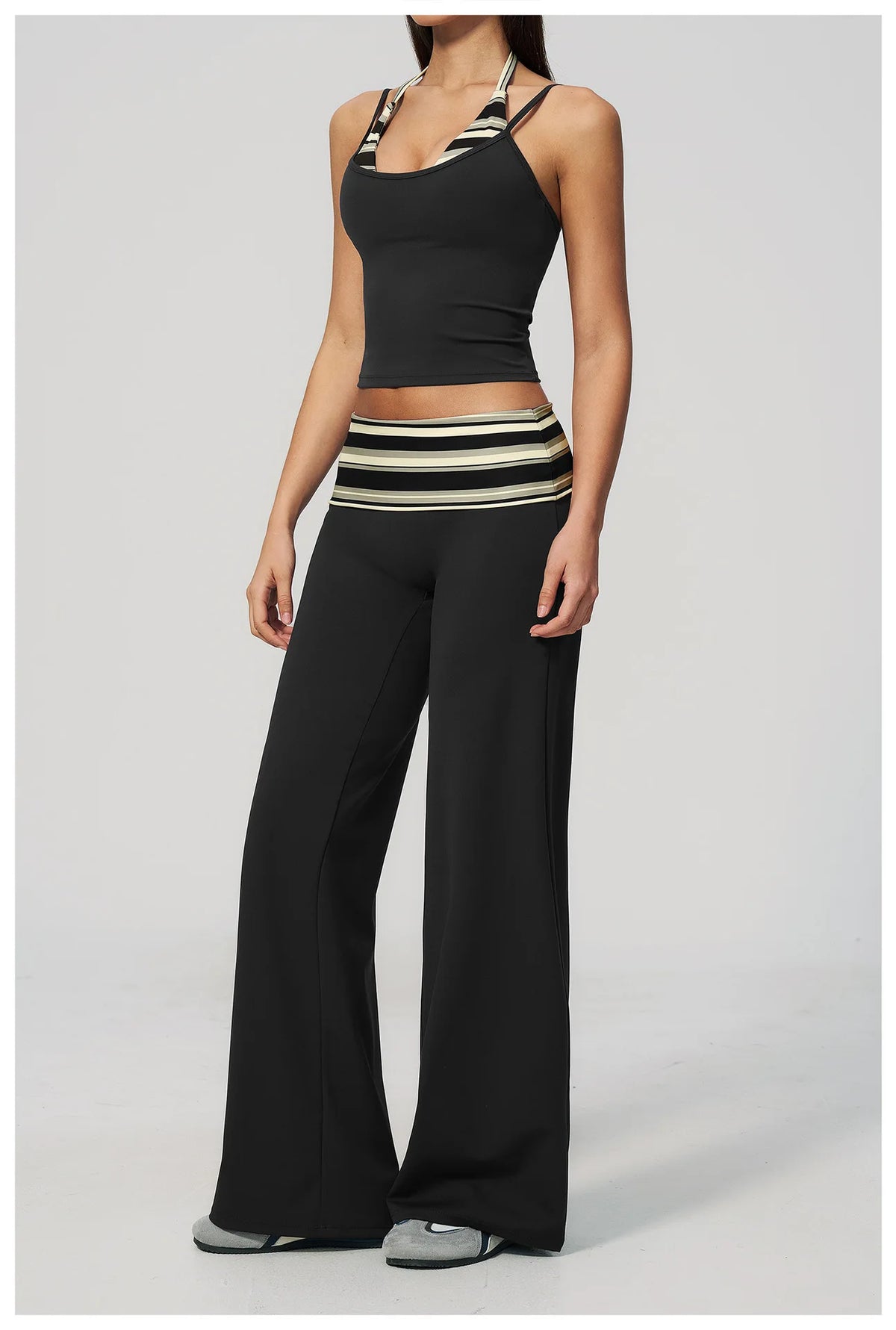 Women's 2 Piece Yoga Set Halter Neck Crop Top Fold Over Waist Wide Legged Flare Trousers Polka Dot Striped Gym Workout Running