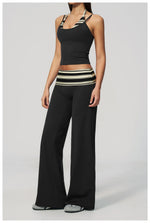 Women's 2 Piece Yoga Set Halter Neck Crop Top Fold Over Waist Wide Legged Flare Trousers Polka Dot Striped Gym Workout Running