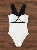 New White Black Patchwork Swimwear Women Halter Metal Ring Linked Hollow Out Slim Tummy Control One Piece Swimsuit Monokini 2025
