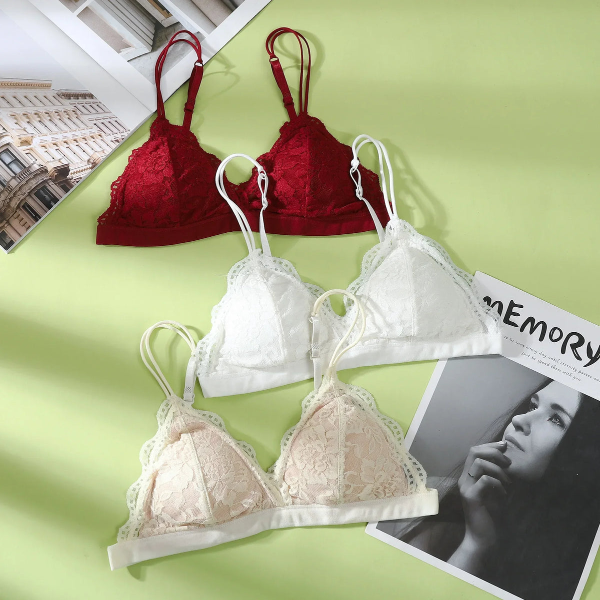 V-Neck Double Strap Floral Lace Bralette Women Scallop Edge Wireless Bra Sexy Lingerie Back Hook Closure Daily Intimates S-L