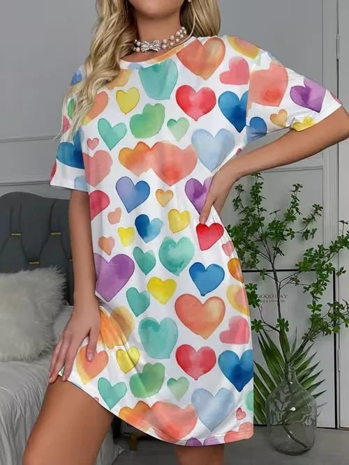 Women's Nightgown Casual Print Nightshirt Polka Dot Short Round-Neck Sleeve Loose Sleepwear Nightdress Summer Pajama