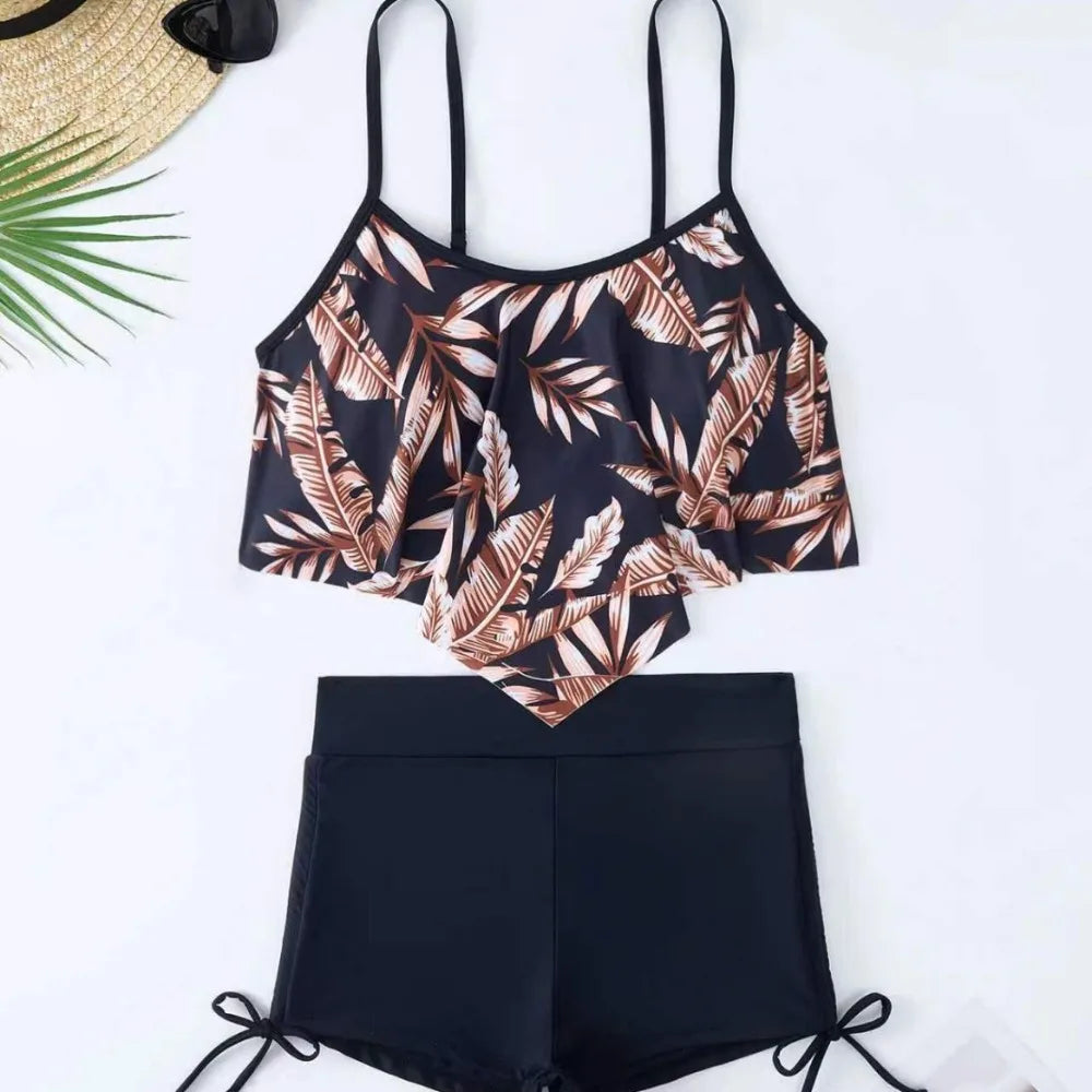 New Green Orange Ruffle Tankini Sets Swimwear High Waist Women Two Pieces Swimsuit Summer Drawstring Sporty Shorts Bathing Suits