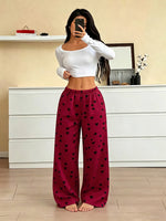 New Women Satin Pajama PantsHeart Print Elastic Waist Loose Wide Leg Sleep Bottoms Ladies Casual Trousers