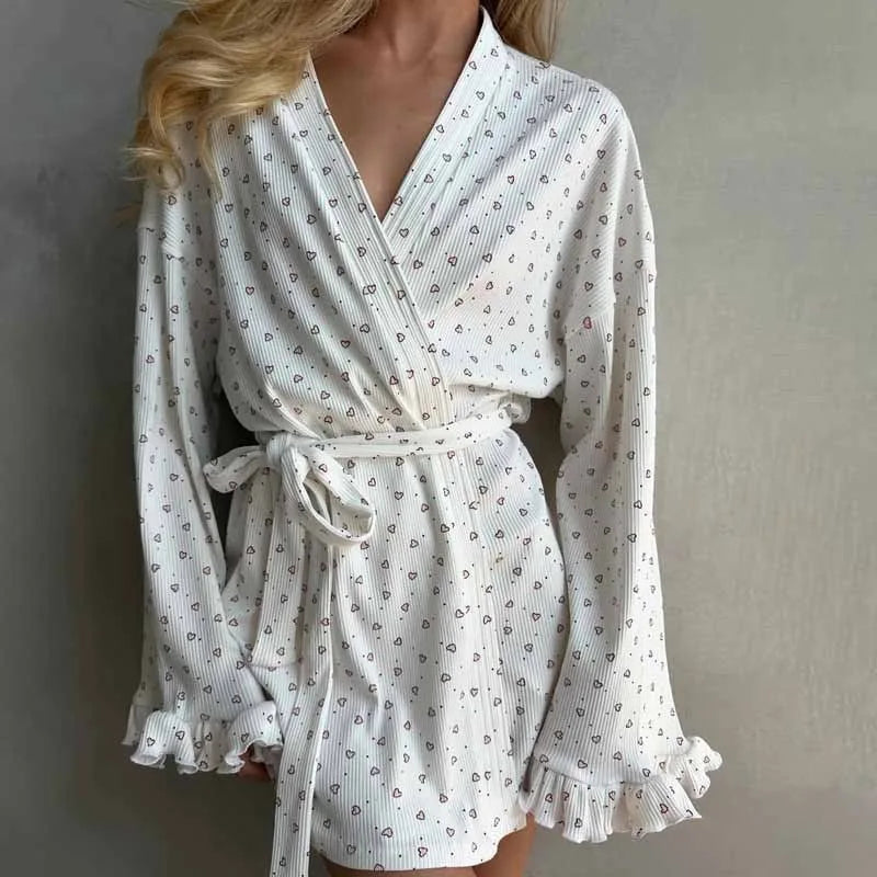New women's sleepwear sweet home clothes loose heart printed casual long sleeved lace autumn and winter lace up nightgown Y2K
