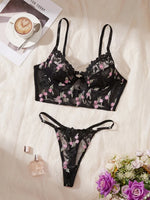 Women Black Mesh Lingerie Set Floral Embroidery Fishbone Bustier Top&Thong 2 Pcs Underwear Sexy Intimate Female Push Up Bra Set