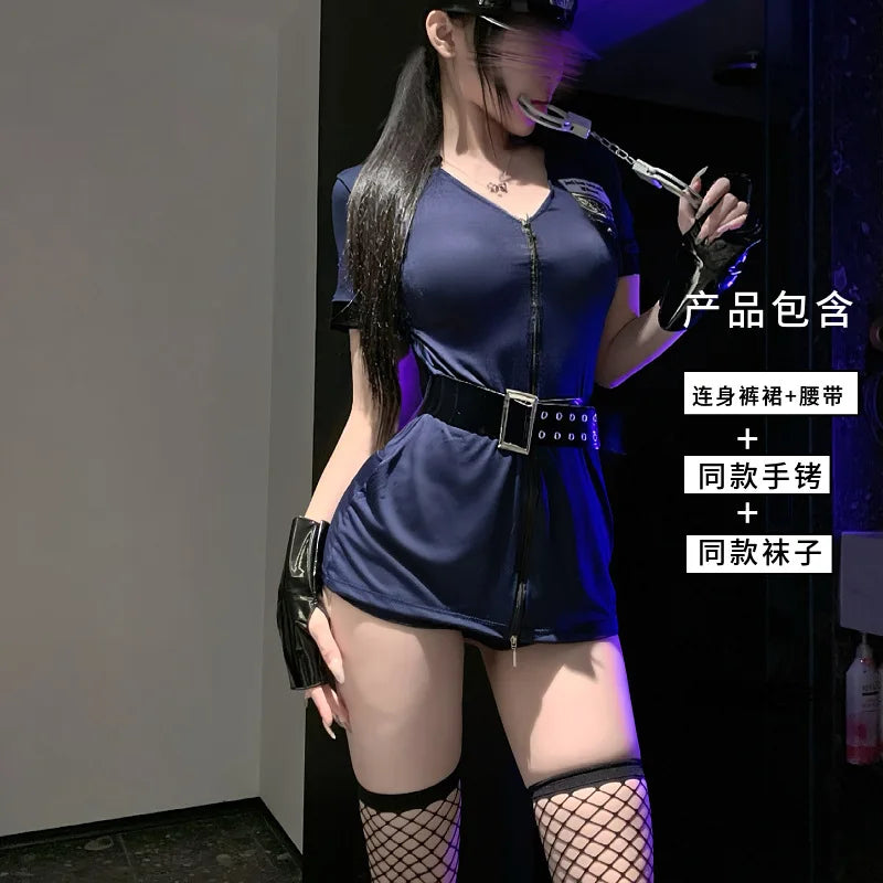 Sexy Cosplay Policewoman Midnight Uniform SM Zipper Bodysuits Solid Color Deep V Short Sleeved Wrap Hip Bodysuits Charming K0JQ