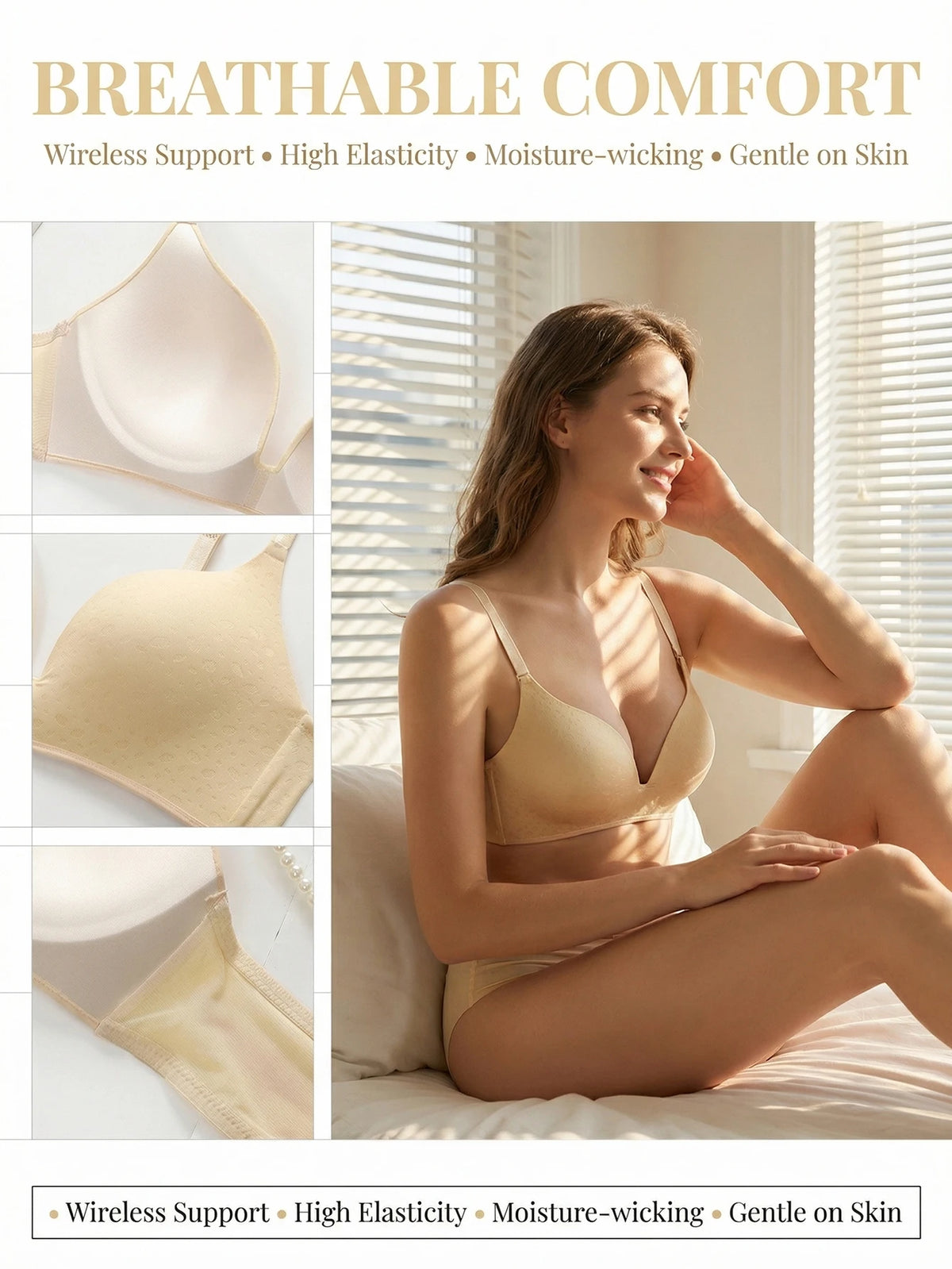 Women Nude Wireless Bra Seamless Padded Breathable Comfort Bra High Elasticity Moisture-wicking Everyday Lounge Bralette B6122