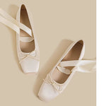 Balletcore Style Satin Lace-Up Flats for Women Black Ballerina Bow Detail Square Toe Ankle Wrap Ribbon Ballet Coquette Shoes