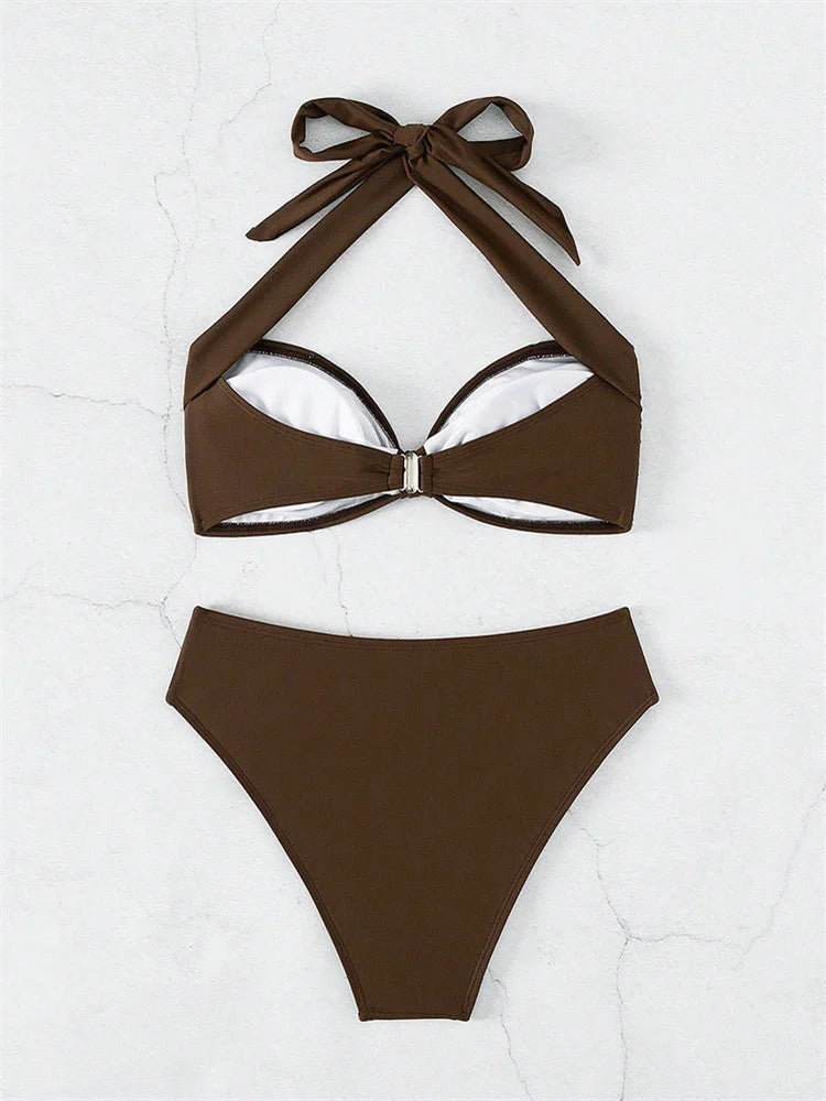 Sexy Front Tie Bikini Set Women Brown Halter Push Up Padded Micro Swimsuit 2025 Summer Bathing Suit High Waist Swimwear Biquini