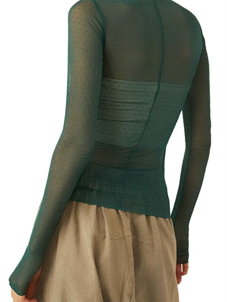 Women Mesh Dot T-shirt Long Sleeve Turtleneck Slim Fit Tee Tops Club Sexy Shirts See Through Cover-ups Smock Summer Fall